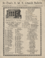 Church bulletin, St. Paul's A.M.E. Church, Des Moines. White with black print, folded, inside is blank, 11.125 x 8.625 inches.
 
 Names listed include: Rev. R.H. Hackley; Rt. Rev. Jno. A. Gregg; Rev. W.H. Ogleton; Rev. Henry McCraven; William Brewer; Anna Payton; Lizzie Washington; Estella Broomfield; R.S. Sims; Gertie Reeves; Lena Brown; Harry Walden; Katie Wilson; Fannie Tomlin; Sophia M. Nichols; Emanuel Davis; Floyd Dixon; Lester Benning; Mable M. Mason; Mattie B. Scott; S. Joe Brown; Fannie Danforth; Mattie Warrick; Rosa M. Taylor; Myrtle Butler; Frankie Wood; Allie Bowman; A.C. Payton; G.B. Tucker; T.J. Burse; John Drew; G.D. Redmon; Maggie Bowles; O.L. Glass; Mrs. Alice Mc Dowell; Chas. Carl; Floyd Dixon Jr., Rosa Bland, Susie Hart. Mrs. S. Joe Brown; William Rhodes; I.P. Johnson; Mrs. Lucille Ramey, president; Mrs. Agnes Wilson; Mrs. Irene Winn; Mrs. Millie Jackson; Mrs. Lelah Powell; Mrs. Rosie Woods; Mrs. Mary Carl; Mrs. Ethel Williams; Mrs. H.D.E. Johnson; Mrs. Mary Mickles; Mrs. Emma Bowmer; Mrs. Mary Miles; Mrs. Anna Ringo; Mrs. Hattie Claybrooks; Mrs. Ontario Thompson; Mrs. Mallie Harris; Mrs. Meredith Carl; Mrs. Alice Graves; Mrs. Fannie Williams; Mrs. James Willis; Mrs. Effie Brown; Mrs. Joburness Kelso; Mrs. Elizabeth Wilson; Miss Lauretta Blackwell; Miss Estebella McDaniels; Mrs. Kate Wilson; Mr. Geo. Mason; Mr. Charles Wilson; Mrs. Gertrude Carol; Maggie Bowels; Tillie Lee; Susie Bolden; Anna Allen; W.J. Shepherd; Ida M. Hackley; Izora Mackey; Mattie R. Gould; Haley Ozeil Johnson; Bessie Sanders; Agnes Bates; Mary Humburd; V.L. Jones; Mrs. Maude Mash; Lenna Smith; Bessie Colbert; Marion Carter; Kehm Floral Co.; Deep Rock Products; Community Pharmacy; Paris Skanes; Estes Funeral Home; John M. Estes; Howard Coal & Sand Co.; A.G. Copeland; Addington Poultry & Egg Co.; Polly's Beauty Shop; Robert E. Patten; Square Deal Cleaners and Tailors; J.F. Simmons; Frye's Studio; Dr. L. Willis; U-needor Chemical Co.; J. Alvin Jefferson; Dr. William Ritchey; Reliable Drug Store; Community Luncheonette; Mrs. A.P. Trotter; Mrs. Brooks-Robinson.