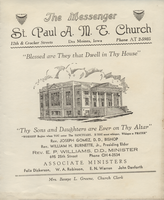 Church bulletin, The Messenger, St. Paul A.M.E. Church, Des Moines. White with black print, folded, inside is blank, 8.625 x 7.125 inches.
 
 Names listed include: Rev. Joseph Gomez; Rev. William H. Burnette, Jr.; Rev. E.P. Williams; Felix Dickerson; W.A. Robinson; E.N. Warren; John Danforth; Mrs. Bessye L. Greene; Jeanne Morris; C. Anna Ringo; Mrs. Haley D.E. Johnson; Mrs. Wilberforce Minter; Mrs. Essie Davis; James Rhodes; Luberta Dixon; Gertrude North; Gloria Miller; Clark Yeager; Lewis Brown; Mrs. Ellen Burrell; Mrs. Gloria Burrell; Dorothy Campbell; Agnes Matthews; Myrtle Paige; Helen McCraven; Minnie McGuire; Mamie Moore; Neal Williams; Josephine Jones; Kenneth Parkey; Gus Smith; Shop Rite Food Mart; Dean's 66 Service; Beryl's Groceries & Meats; Owen Crist, Inc.; Estes & Son Funeral Home; John M. Estes; La Vere Braucht; Bell & Holbert Pharmacy; Miller's Hardware; R.E. Patten Print Shop.