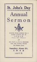 Program, St. John's Day Annual Sermon, North Star Lodge No.2, Doric Lodge No. 30, Ancient Free And Accepted Masons, Prince Hall Affiliation, St. Paul A.M.E. Church, Des Moines, June 21, 1942