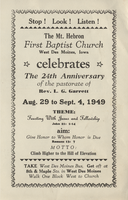 Program, The 24th Anniversary of the pastorate of Rev. L.G. Garrett, The Mt. Hebron First Baptist Church, West Des Moines, Aug. 29 to Sept. 4, 1949. White with black print, 9.875 x 7.75 inches.
 
 Names listed include: Deacon Board; St. John Baptist Church; Shiloh Baptist Church; Rev. A.C. Crawford; Mt. Hebron Sr. Choir; Deacon Griffin; Sister King; Loretta Seigh; Mrs. A.C. Crawford; Shiloh Choir; Deacon King; St. John Choir; Rev. C.A. Record; Sunday School; 1st CME Methodist, Mt. Olive Baptist and Community Sanctified Church of Christ; Rev. J.R. Roman; Mt. Hebron Jr. Choir; Sextette of Mt. Hebron; Mrs. Love; Brother Seigh; Roosevelt Crawford; Mrs. McFallen; Mrs. Crenshaw; Mt. Olive Choir; Mrs. Roman; Rev. L.L. Barnes; Ushers and Mothers Board; Kyles AME Church; Mt. Zion Oralabor Church; Rev. W. Heath; Mr. Wm. Crawford; Mrs. C. Carter; Mrs. M. Potter; Oralabor Choir; Mother Moriah Hayes; Kyles Choir; True Friend Quartette; Rev. B.F. Blanks; B.T.U., Daughters of Labor, and Capital City Club; Maple Street Baptist Church; Bethel AME Church; Rev. Thomas; Mr. L. Taylor; Mrs. C. McCurrin; Master Willio B. Scott; Bethel Trio; Mrs. Bettie Taylor; Maple Street Men's Chorus; Maple Street No. 1 Choir; Rev. George Parrish; Union Baptist Brotherhood and Sisterhood; St. Paul AME Churches; Atty. H.T. McKnight; Mr. Alex Crawford; Mrs. B. Meacherner; Union Choir; Mrs. Estella Coates; Mrs. E.A. Gaiters; Mr. Randle; Rev. E.A. Gaiters; Rev. H.R. Fields; Mrs. Lena Taylor; Rev. Clark; Rev. Clarence Scott; Rev. A.N. Fox; Corinthian Baptist Church; Mt. Hebron Church; Rev. J.M. Eaves; Songfellows; Corinthian Choir; Deacon Harris; Mrs. Leon Brown; Mrs. James Harris; Deacon Mease; Crescent Beauty School Chorus; Atty. W. Lawerence Oliver; Mrs. Robert Dixon; Mr. Al Williams; Rev. E. Loyd Jemison; Mrs. Garrett; Rev. Garrett; Mrs. J.V. Crawford; Mr. Leon Brown; Mr. W.M. Crawford; Mr. Robert C. Dixon; Mr. G.W. Lannon; Mrs. Ester Sang; Mrs. A. William; Mrs. Mary Dixon; Sister R. King.