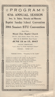Program, order of events for the Iowa, South Dakota, Nebraska, and Minnesota Baptist Sunday School Convention and Baptist Training Union Convention held at Mt. Zion Baptist Church, Sioux City, Iowa, June 13-17, 1947. 
 
 Names listed include: Rev. H.R. Boston; Mrs. Faye Southers; Mrs. Doris Bennett Davis; Miss Kathrine Lucas; Rev. D.O. Bell; Mr. Lawrence Doolin; Rev. J.H. Beverly; Rev. Eugene Williams; Miss Reda Mae Wilburm; Rev. Samual Davis; Mr. Timothy Jackson; Miss Patsy Jean Burrough; Miss Shirley Martin; Mr. Thomas Whitney; Rev. J.Q. Evans; Mrs. Essie Pipkins; Mrs. Jessye Bell-Davis; Mrs. Willa Mae Williams; Rev. J.M. Eaves; Rev. B.H. Hunter; Mrs. Hallie Tutt; Mrs. Katherine Shelton; Willa Mae Williams; Mrs. Elnora Benjamin; Miss Zola Mae King; Mrs. Essie Pipkins; Mrs. Doris Bennett Davis; Miss Connie Dixon; Mr. Lawrence Doolin; Mr. Thomas Whitney; Rev. A.W. Patton; Rev. J.H. Ross; Mrs. Ethel Grenlee; Miss Shirley Martin; Miss Helena Brooks; Cora Mae Lee; Rev. Jerome Tate; Rev. L.C. Harris; Miss Agnes Bozotra; Miss Dorothy Sanders; Mrs. H.R. Boston; Rev. E. Lloyd Jamison; Rev. E.A. Gaiters; Rev. E.D. Johnson; Mrs. Josephine Hagan; Rev. D.O. Bell; Mrs. Bridie Carlton.